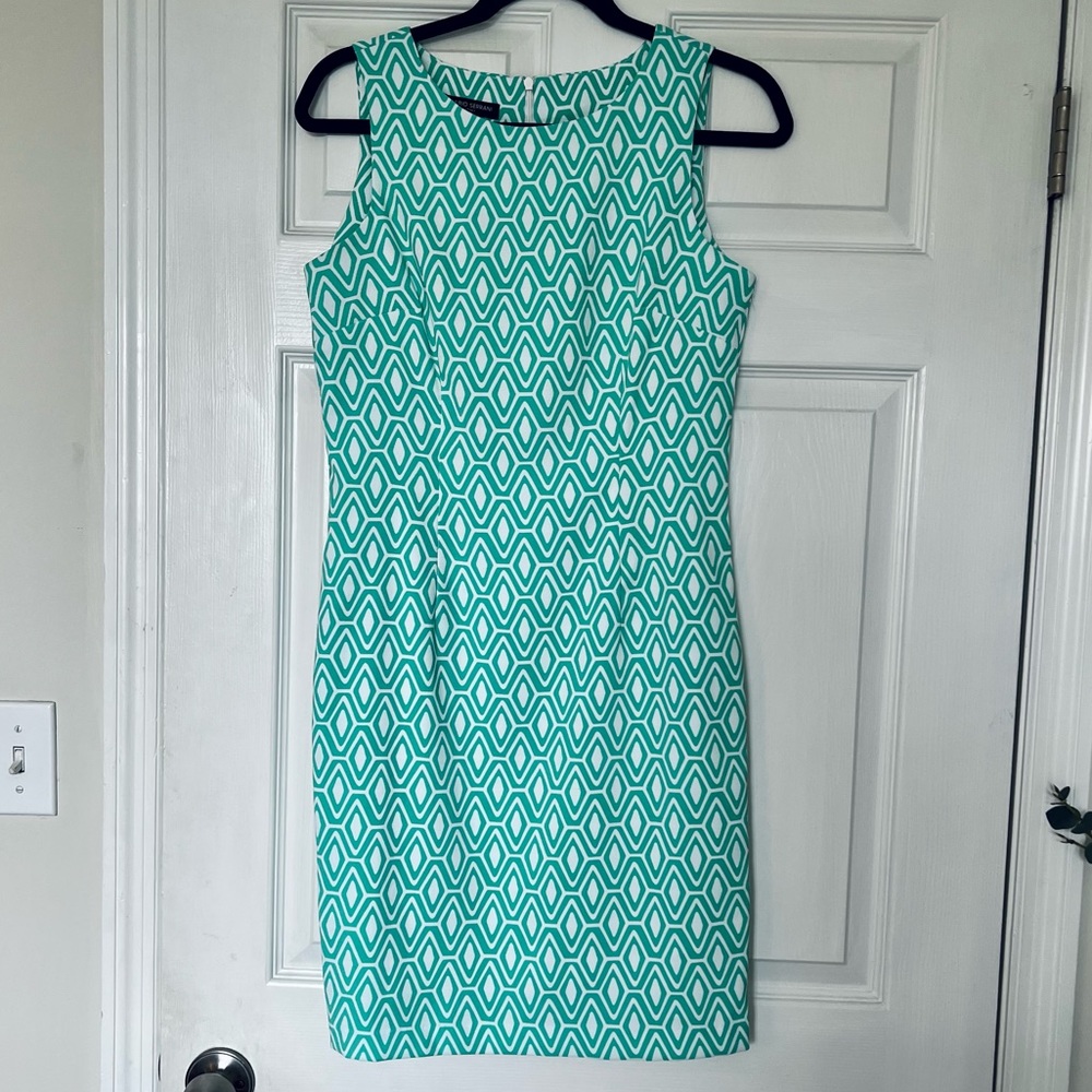 Mario Serrani Fitted Teal & White Patterned Dress